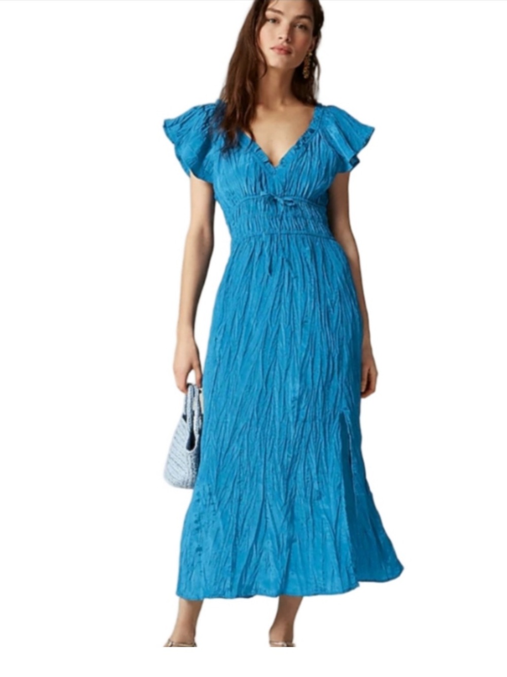 J. Crew Vibrant Blue Crinkle Midi Dress with Flutter Sleeves